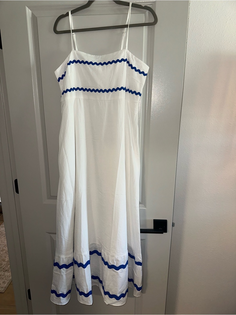 Women’s White Maxi Dress with Blue Trim - Sleeveless Spaghetti Strap